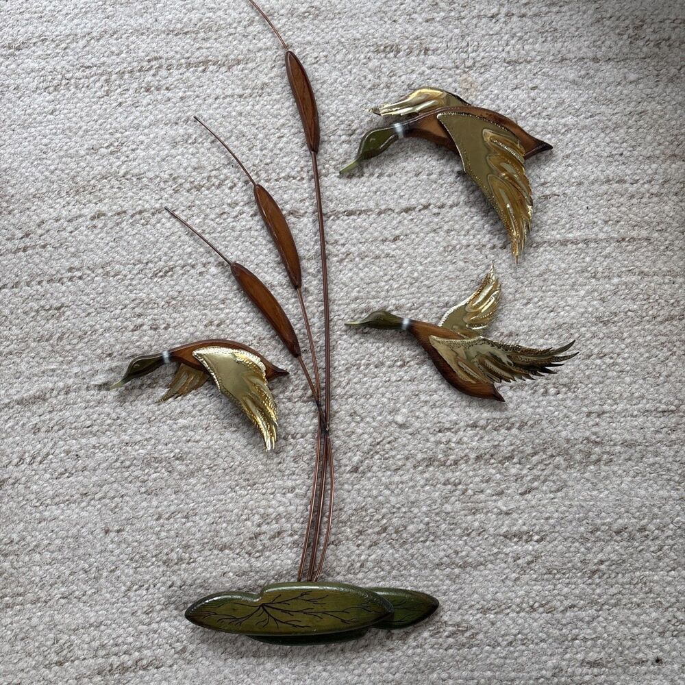 Vintage Mid Century Modern Brass Wing Wood Wall Hanging Mallard Ducks Set 4